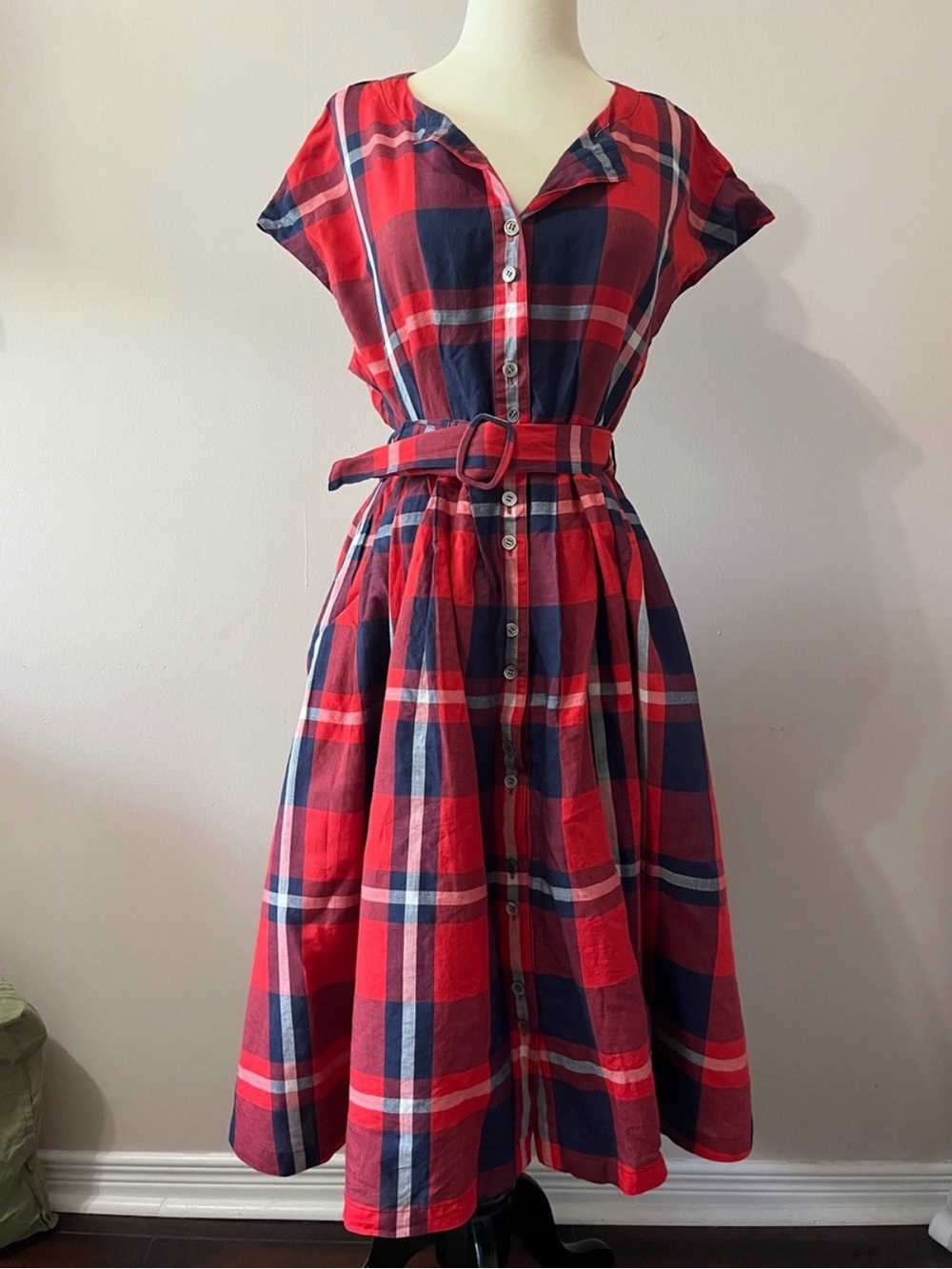 Christian Dior Red and Navy Plaid Button-Front Belted Dress